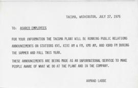 Memo To ASARCO Employees About Public Relations From Armand Labbe July 27 1976