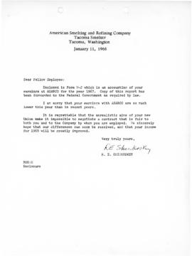 R.E. Shinkoskey to Employees Letter Regarding Lower Earnings, Jan. 11, 1968