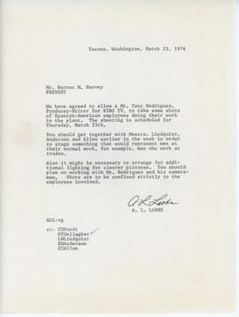 Correspondence From A.L. Labbe To Warren M.  Harvey March 1976