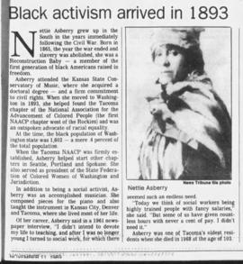 Tacoma News Tribune clipping, "Black activisim arrived in 1893"