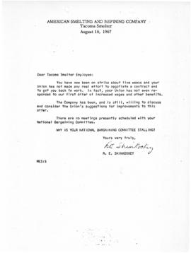 R.E. Shinkoskey to Employees Letter Regarding Strike, Aug. 16, 1967