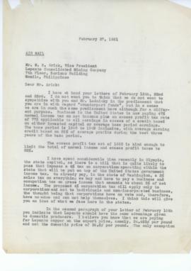 Correspondence From E.R. Marble To Arick Vice President Lepanto Consolidated Mining Company Febru...