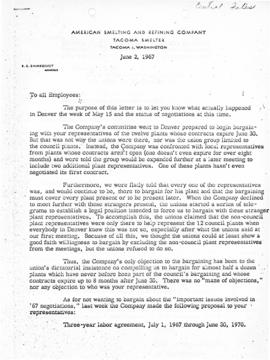R.E. Shinkoskey to Employees Letter Regarding Bargaining, June 2, 1967