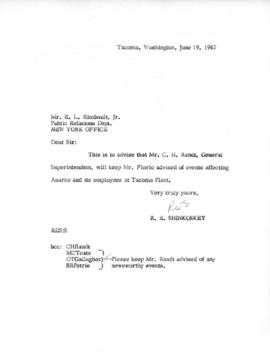 R.E. Shinkoskey to E.L. Rimbault, Jr., Public Relations, June 19, 1967