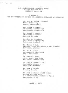 Science Advisory Board Subcommittee on Arsenic Report 1979