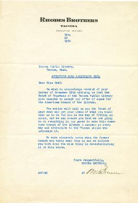 Letter From Rhodes Brothers, Tacoma 