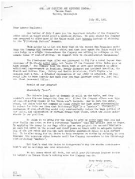 Armand Labbe to Employees Letter Regarding Union and Strike, July 26, 1971
