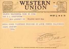 T. Handforth to Mrs. S.L. Handforth from Mineral, Washington (telegram) - Sept. 14, 1945