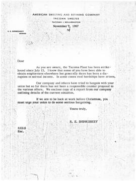 R.E. Shinkoskey to Employees Form Letter Regarding Strike, Nov. 14, 1967