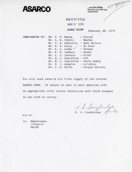 Memo On The “ASARCO News” From K.D. Loughridge February 1979