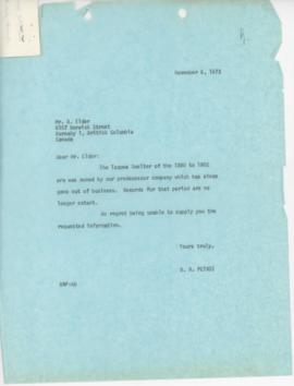 Correspondence From Ben R. Petrie To B. Elder November 1973
