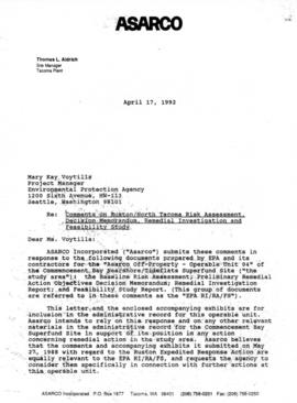 Asarco and EPA Correspondence Comments on Risk Assessment 1992