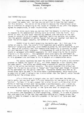 R.E. Shinkoskey to Employees Letter Regarding Strike, July 27, 1967