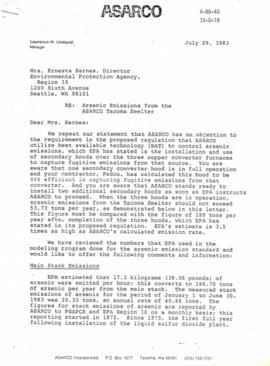 Letter from Smelter manager to EPA about Arsenic Emissions 1983