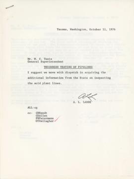 Correspondence From A.L Labbe To M.C. Teats “Thickness Testing Of Pipelines” October 1976 