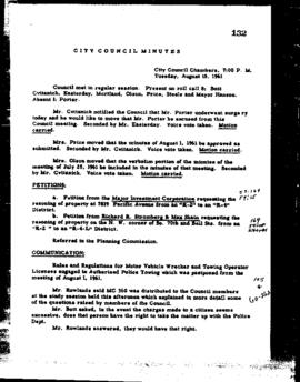 City Council Meeting Minutes, August 15, 1961