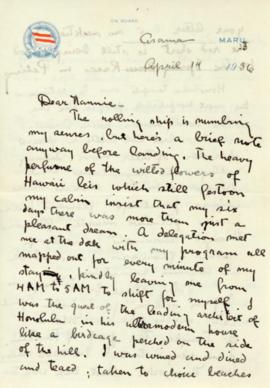T. Handforth letter to Nannie from sea dated April 14th, 1936