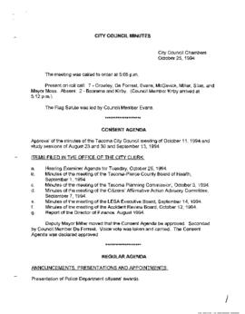 City Council Meeting Minutes, October 25, 1994