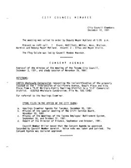 City Council Meeting Minutes, December 10, 1991