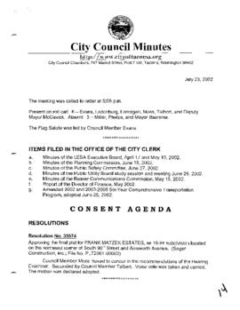 City Council Meeting Minutes, July 23, 2002