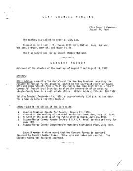 City Council Meeting Minutes, August 21, 1990