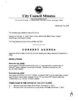 City Council Meeting Minutes, December 18, 2001