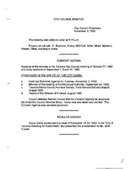 City Council Meeting Minutes, November 3, 1992