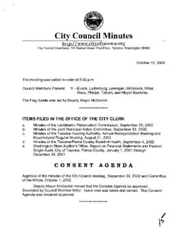 City Council Meeting Minutes, October 15, 2002