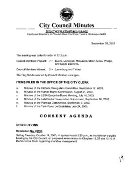 City Council Meeting Minutes, September 30, 2003