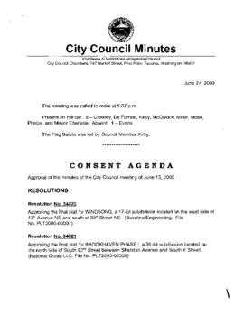 City Council Meeting Minutes, June 27, 2000