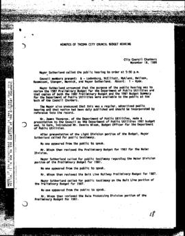 City Council Meeting Minutes, Budget, November 18, 1986