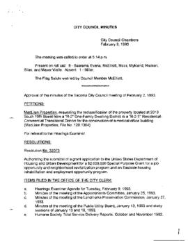 City Council Meeting Minutes, February 9, 1993