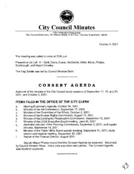 City Council Meeting Minutes, October 9, 2001