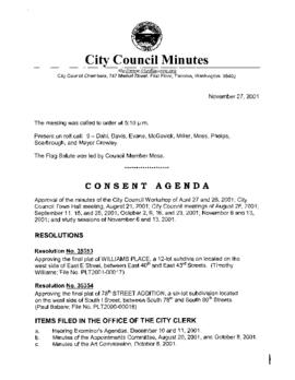 City Council Meeting Minutes, November 27, 2001
