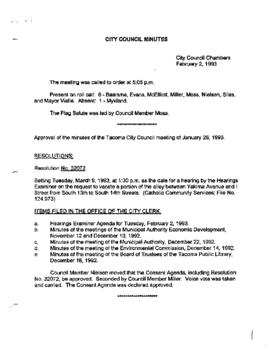 City Council Meeting Minutes, February 2, 1993