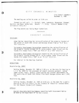 City Council Meeting Minutes, November 5, 1985