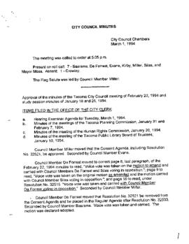 City Council Meeting Minutes, March 1, 1994