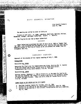 City Council Meeting Minutes, July 15, 1986