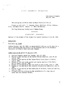 City Council Meeting Minutes, July 21, 1992