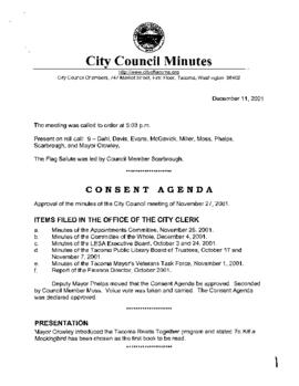 City Council Meeting Minutes, December 11, 2001