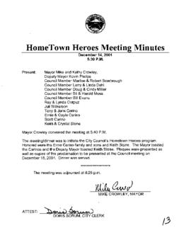 City Council Meeting Minutes, Hometown Hero, December 14, 2001