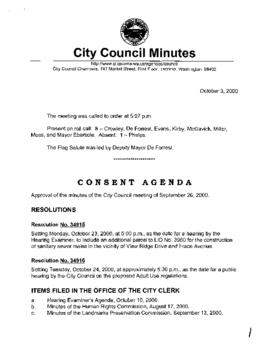City Council Meeting Minutes, October 3, 2000