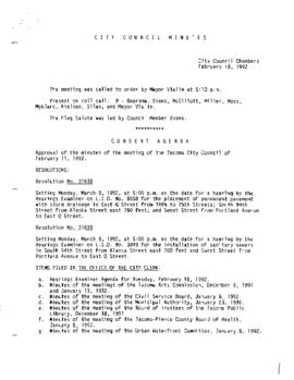 City Council Meeting Minutes, February 18, 1992