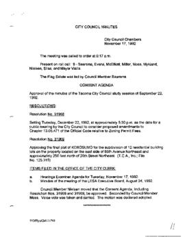 City Council Meeting Minutes, November 17, 1992