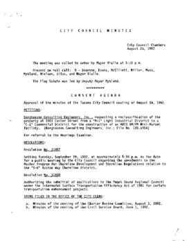 City Council Meeting Minutes, August 25, 1992