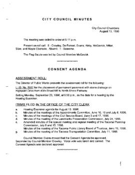 City Council Meeting Minutes, August 13, 1996