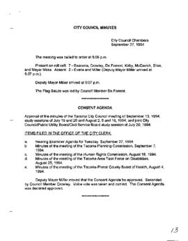City Council Meeting Minutes, September 27, 1994