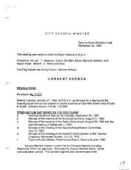 City Council Meeting Minutes, September 22, 1992