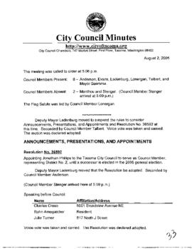 City Council Meeting Minutes, August 2, 2005