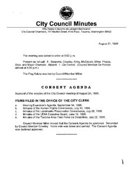 City Council Meeting Minutes, August 31, 1999